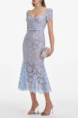 Blue Fine Lace Midi Dress