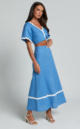Blythe Two Piece Set - Short Sleeve with Wave Hem A Line Skirt Set in Blue