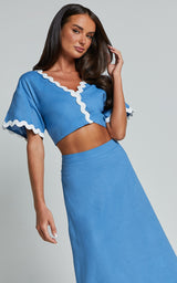 Blythe Two Piece Set - Short Sleeve with Wave Hem A Line Skirt Set in Blue