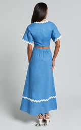 Blythe Two Piece Set - Short Sleeve with Wave Hem A Line Skirt Set in Blue