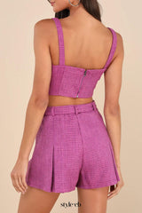 Bold Cutie Purple Tweed Buckle Strap Crop Tank Top