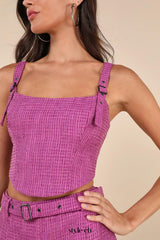 Bold Cutie Purple Tweed Buckle Strap Crop Tank Top