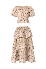damla beige Puff Sleeves Dot Printed Top And Skirt Two-Piece Set