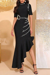 polly Irregular rhinestone ruffle trim maxi dress in black