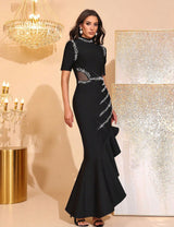 polly Irregular rhinestone ruffle trim maxi dress in black
