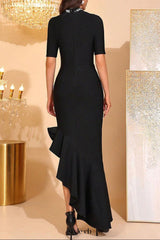 polly Irregular rhinestone ruffle trim maxi dress in black