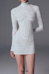 Lace jacquard fishbone bodycon mini dress in white