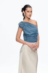 florence one Shoulder Flower Top in blue