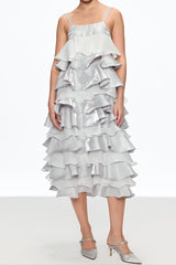 griselda Ruffle Spaghetti Midi Dress in silver