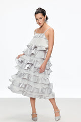 griselda Ruffle Spaghetti Midi Dress in silver