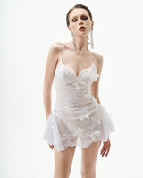 verna Butterfly embellished Lace Mini Dress in white