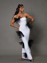 STRAPLESS PLEATED TULLE BOW MAXI DRESS