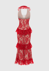 caitlin Lace Halter Ruffle Midi Dress in red