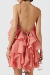 lorraine Halter Floral Ruffle Layered Mini Dress in Orange