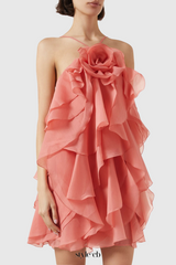 lorraine Halter Floral Ruffle Layered Mini Dress in Orange