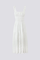 Ruffled square neck embroidered backless slit maxi dress - white