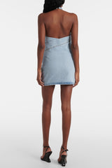 Christell Floral Appliqué Halter Denim Mini Dress