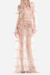 eudora floral inspired ruffle layer tulle gown in nude