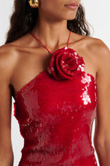 Cinwa Floral Appliqué Halter Sequin Mini Dress in Red
