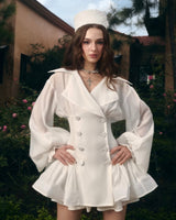 zenobia Large lapel button puff sleeve tutu mini dress in white