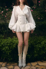 zenobia Large lapel button puff sleeve tutu mini dress in white