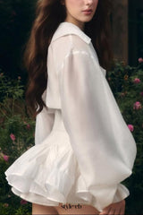 zenobia Large lapel button puff sleeve tutu mini dress in white