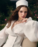 zenobia Large lapel button puff sleeve tutu mini dress in white