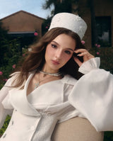 zenobia Large lapel button puff sleeve tutu mini dress in white