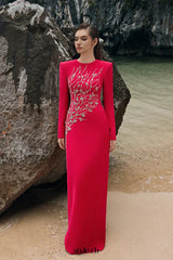 hilary red padded shoulder crystal embellished straight maxi dress