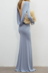 vicky Knitted long sleeves backless bodycon maxi dress in blue
