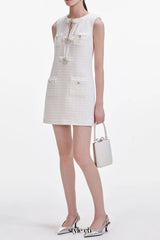 Cream Boucle Bow Mini Dress