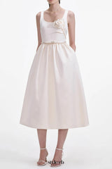 Cream Satin Flower Midi Dress