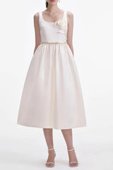 Cream Satin Flower Midi Dress
