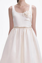 Cream Satin Flower Midi Dress