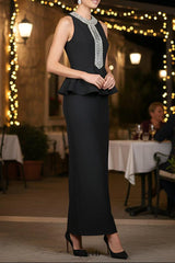 gladys Crystal Embellished Peplum halter Maxi Dress in Black