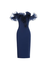 alisa Off-Shoulder Flounce Bandage Blue Midi Dress