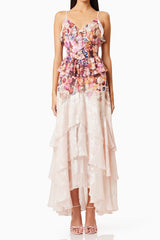 Perla Irregular floral print maxi dress in pink red