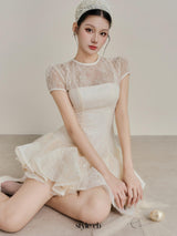 kelly sequin lace puffy mini dress in white