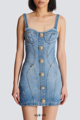 Buttoned denim mini dress in blue
