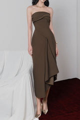 adelaide Strapless Asymmetric Midi Dress in brown