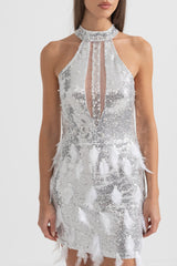 setlla Shimmering Sequin Cutouts Feathers Mini Dress - Silver