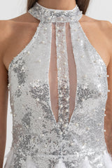 setlla Shimmering Sequin Cutouts Feathers Mini Dress - Silver