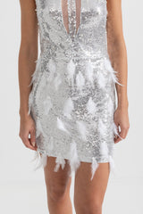 setlla Shimmering Sequin Cutouts Feathers Mini Dress - Silver