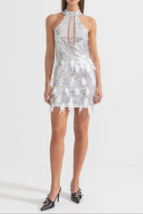 setlla Shimmering Sequin Cutouts Feathers Mini Dress - Silver