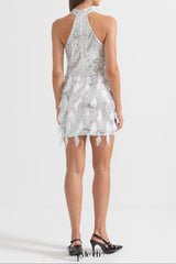 setlla Shimmering Sequin Cutouts Feathers Mini Dress - Silver