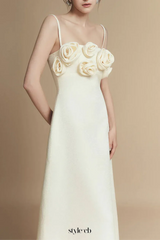 A-line Flower Applique Linen Rayon Midi Dress