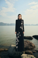 gloria High Neck Asymmetric Crystal Embellished maxi Dress in black