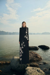 gloria High Neck Asymmetric Crystal Embellished maxi Dress in black