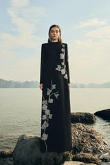 gloria High Neck Asymmetric Crystal Embellished maxi Dress in black