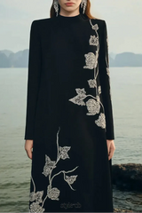 gloria High Neck Asymmetric Crystal Embellished maxi Dress in black